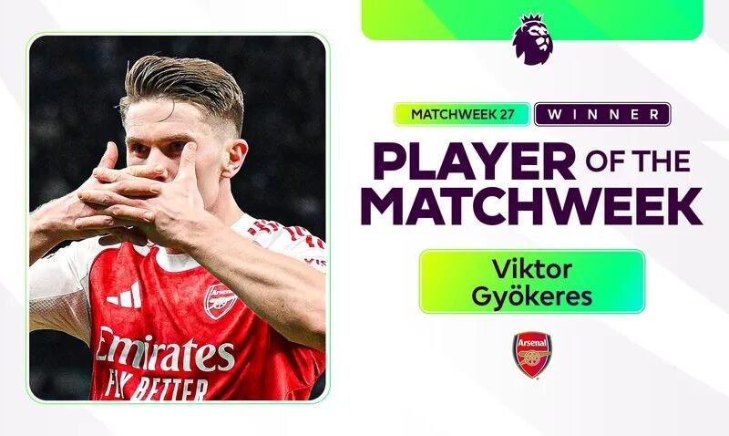 Gyökeres Wins Matchweek 27 Award After Derby Brace as Arsenal Keep in Title Hunt – Softfootball